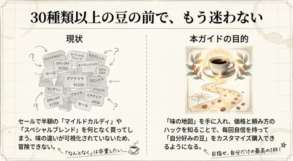 ３０種類のコーヒー豆から最適な豆を選ぶ